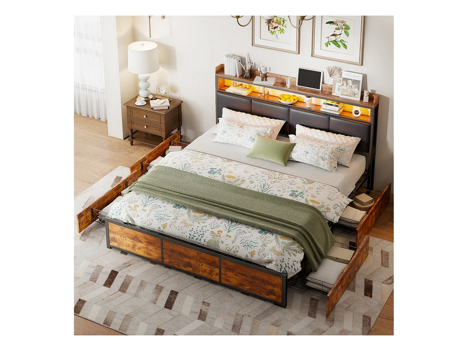 Estructura de cama de 160 x 200 con base de metal, cama doble con almacenaje y LED, PU, color negro
