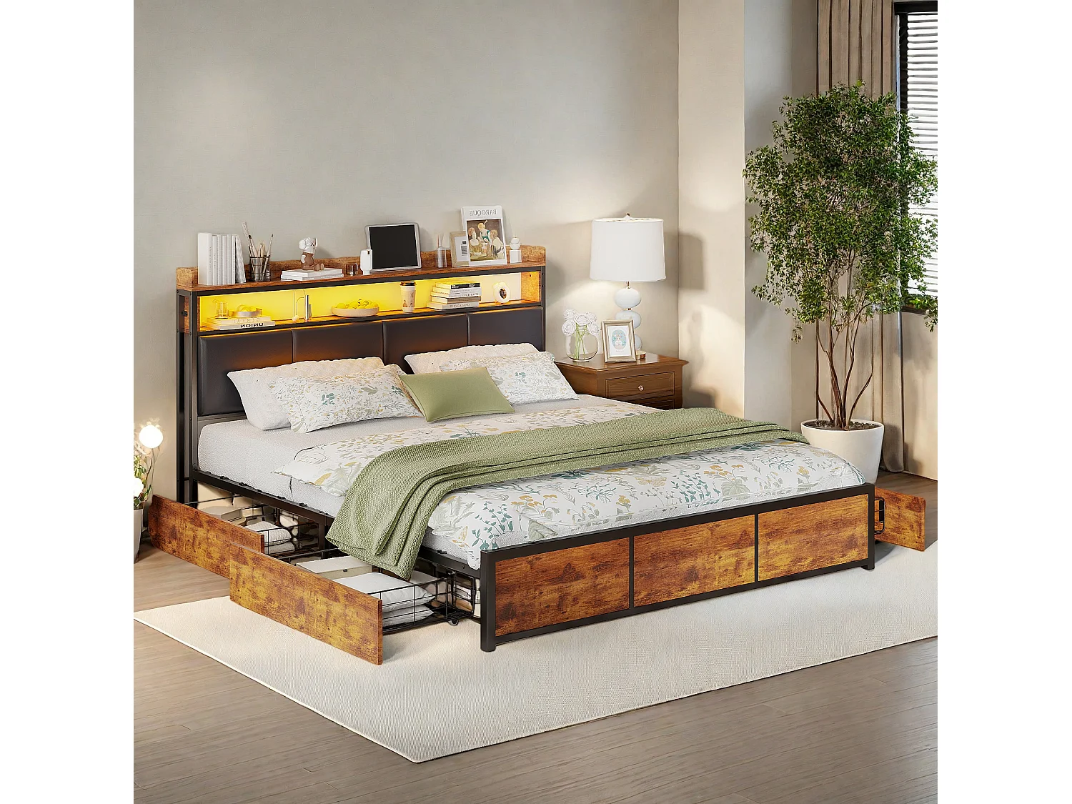 Lit double moderne en métal avec LED, 4 tiroirs pratiques et élégante table de chevet en polyuréthane, cadre en fer mat, 160 x 200 cm, Noir