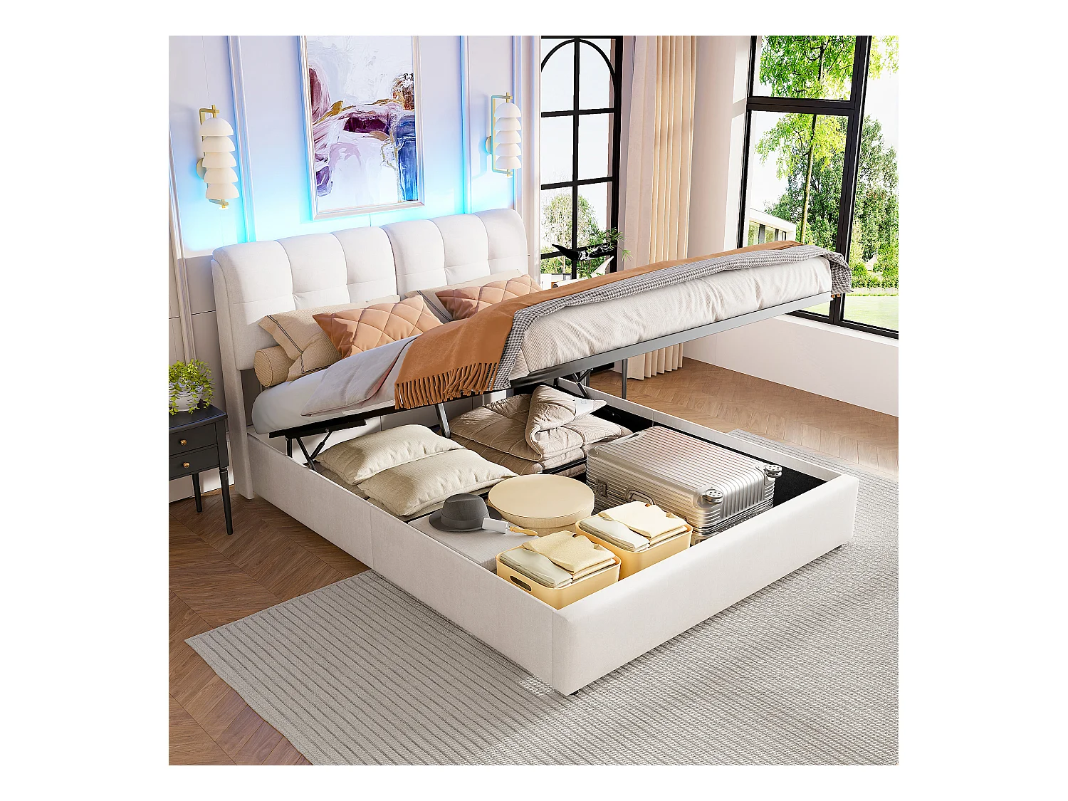 Letto matrimoniale 140 x 200 cm, idraulico, LED, letto contenitore, schienale e giroletto, velluto, Beige