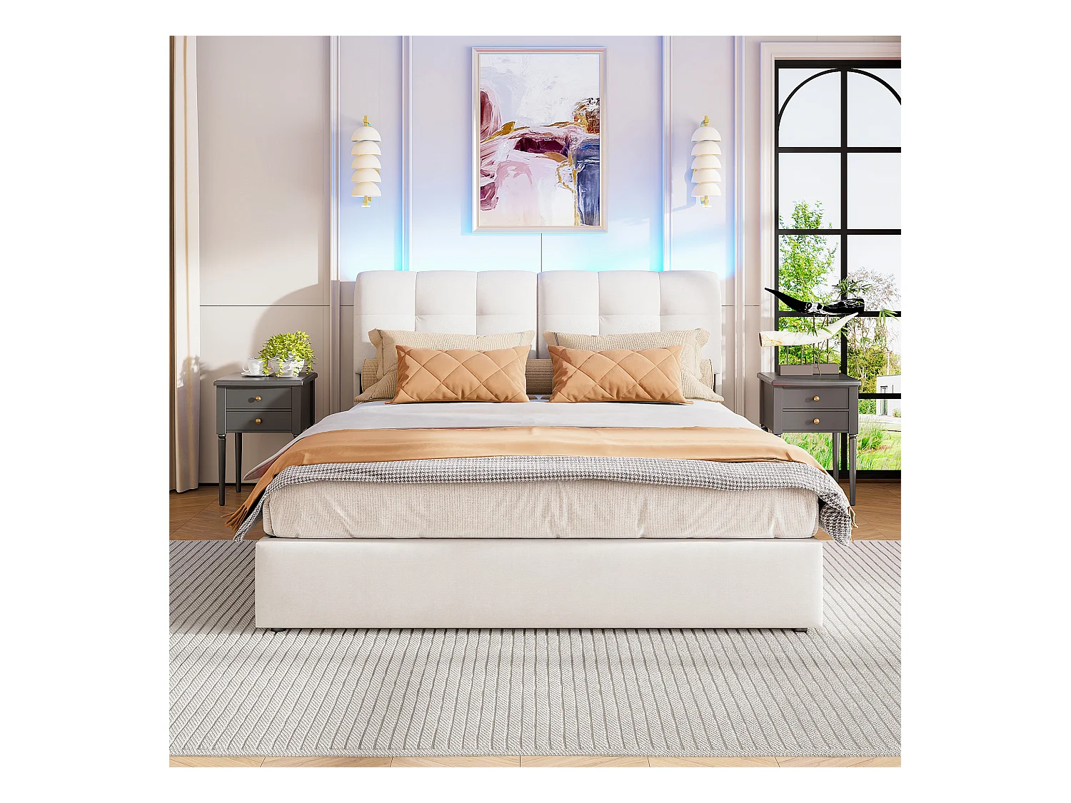 Letto matrimoniale 140 x 200 cm, idraulico, LED, letto contenitore, schienale e giroletto, velluto, Beige