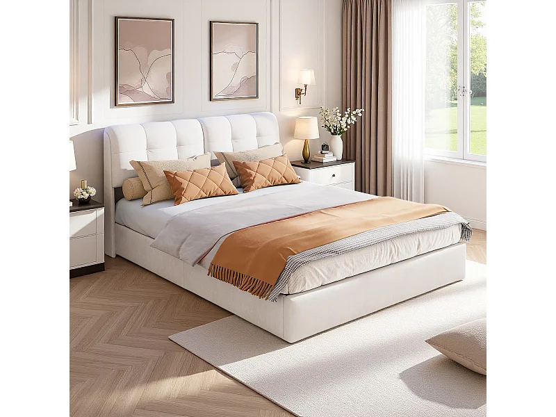 Tweepersoonsbed 140 x 200 cm, hydraulisch, LED, opbergruimte in bed, hoofdbord en bedframe, fluweel, beige