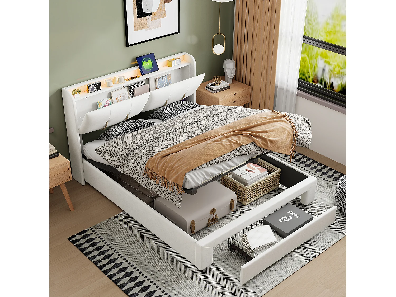 Lit Coffre 140x200 cm avec LED et USB, Lit Double Rembourré avec Tiroirs, Velours, Beige