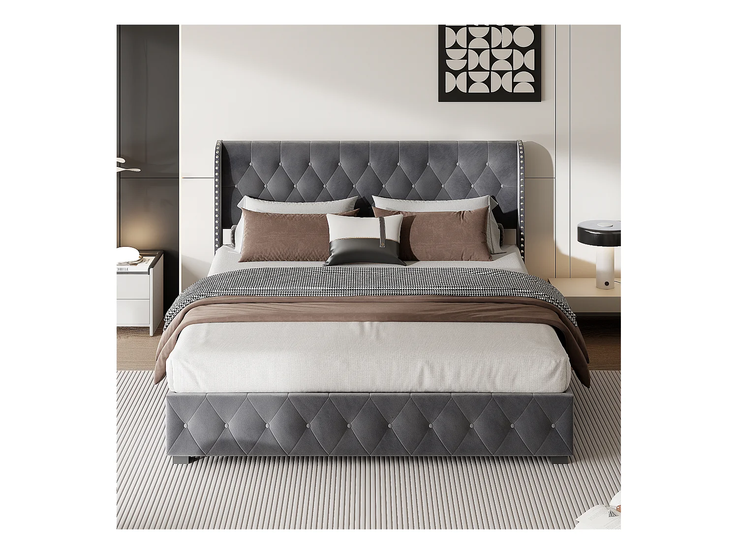 Gestoffeerd bed 180x200 cm, opbergbed met lattenbodem en hoofdeinde, donkergrijs fluweel