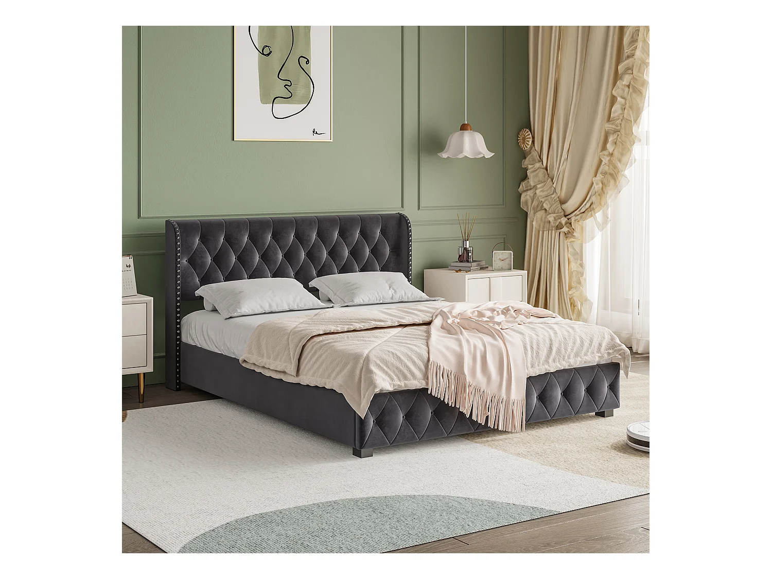 Gestoffeerd bed 180x200 cm, opbergbed met lattenbodem en hoofdeinde, donkergrijs fluweel