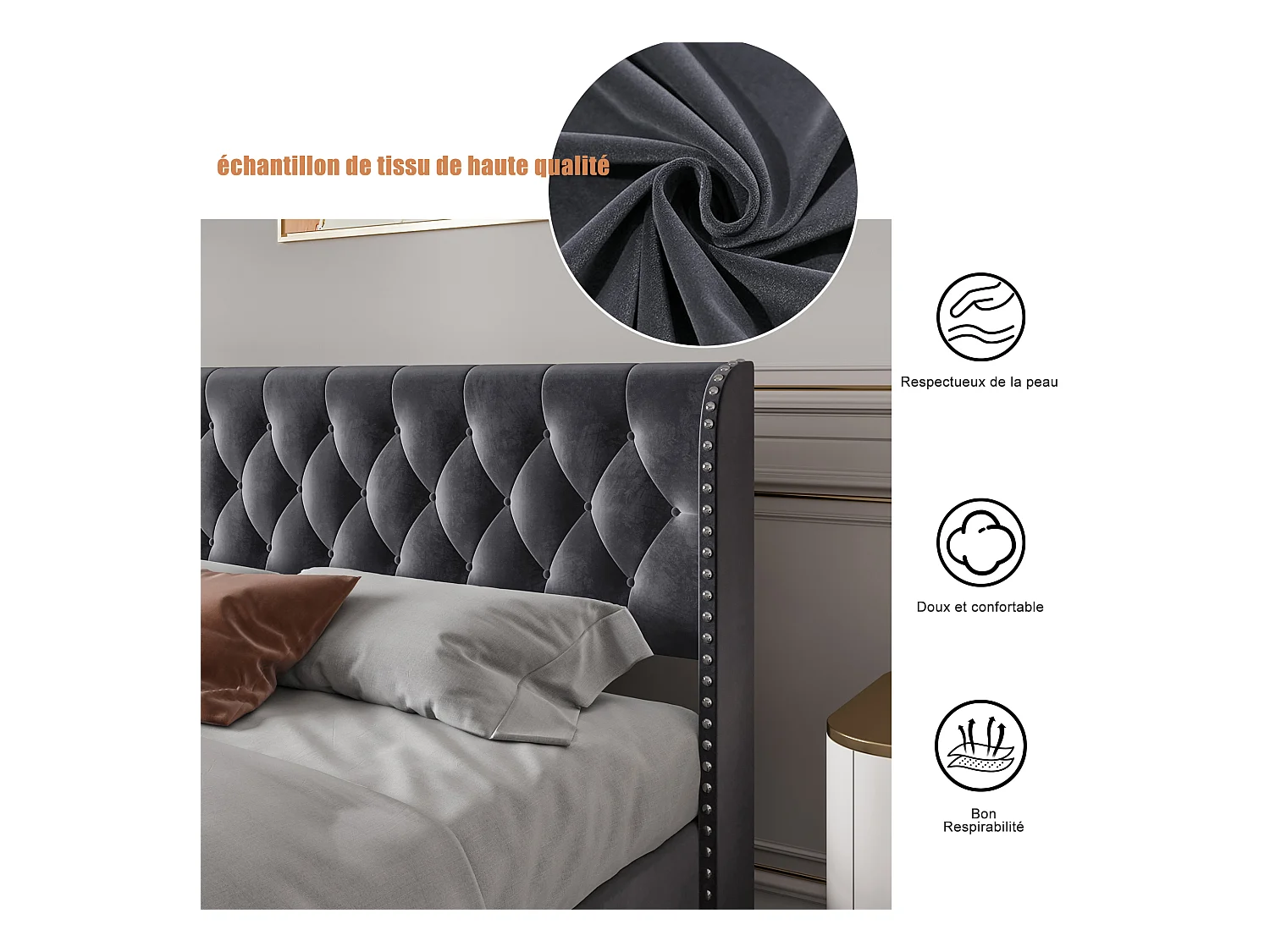 Gestoffeerd bed 180x200 cm, opbergbed met lattenbodem en hoofdeinde, donkergrijs fluweel