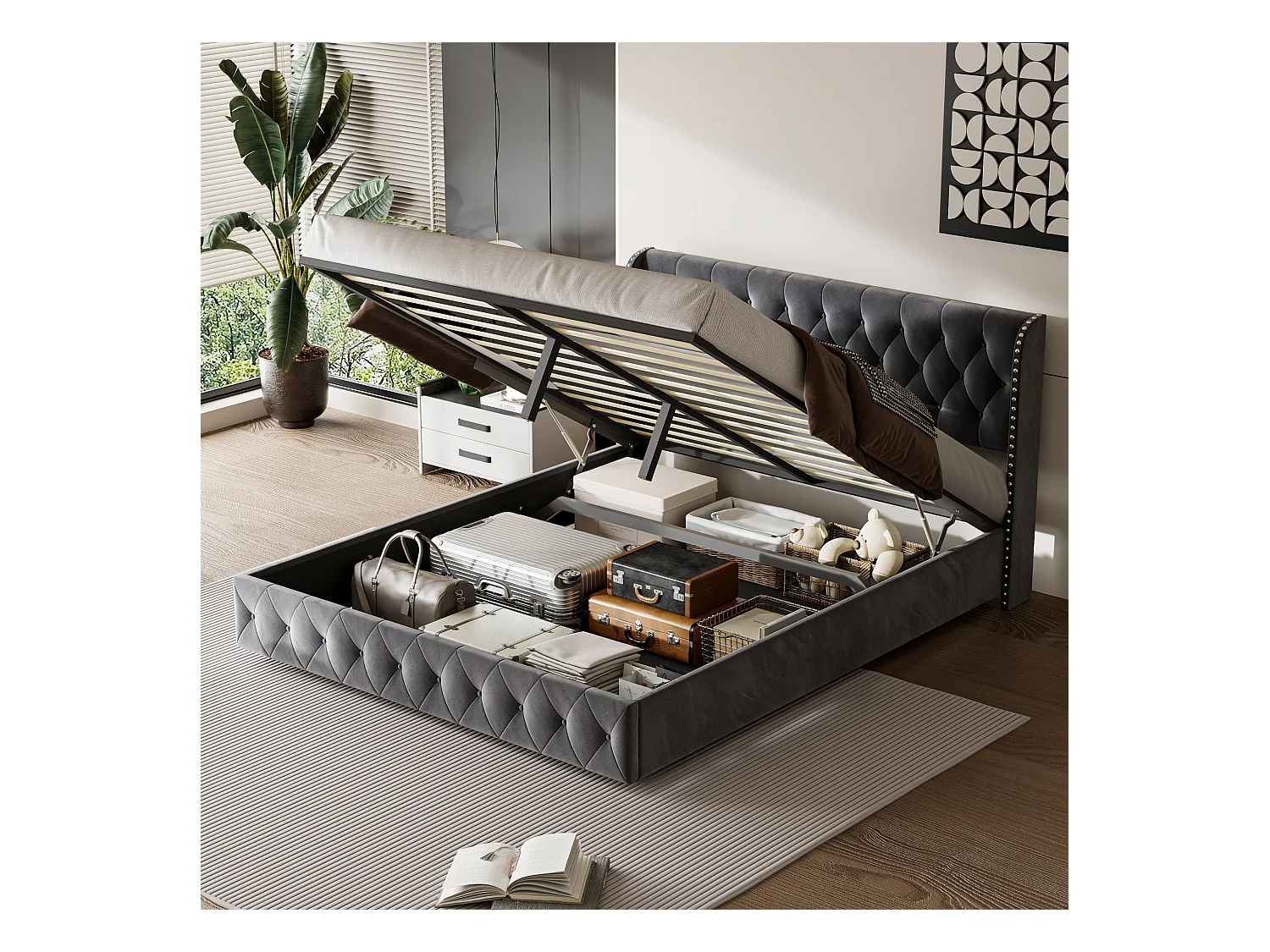 Gestoffeerd bed 180x200 cm, opbergbed met lattenbodem en hoofdeinde, donkergrijs fluweel