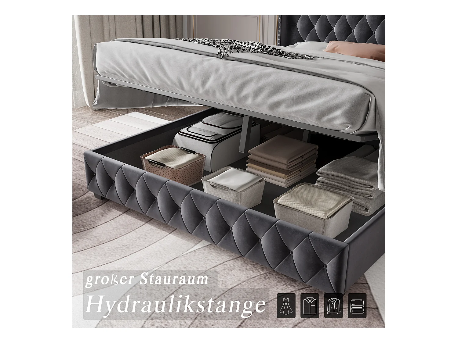 Gestoffeerd bed 180x200 cm, opbergbed met lattenbodem en hoofdeinde, donkergrijs fluweel