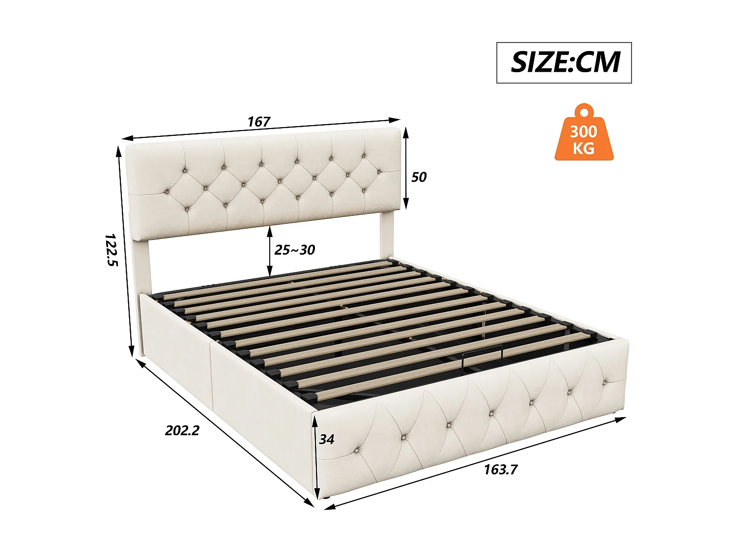 Letto imbottito 160 x 200 cm, Letto matrimoniale con contenitore, rete a doghe in metallo, Beige