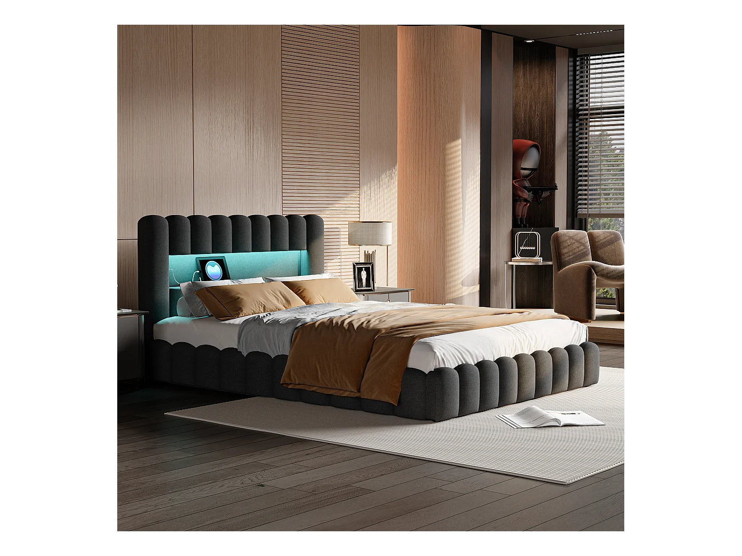 Gestoffeerd bed 180x200 cm met LED en USB-oplaadpunt, met functie en lattenbodem, linnen, grijs