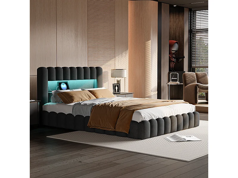 Lit rembourré 180x200 cm avec LED et point de charge USB, avec fonction et sommier à lattes,lin,Gris