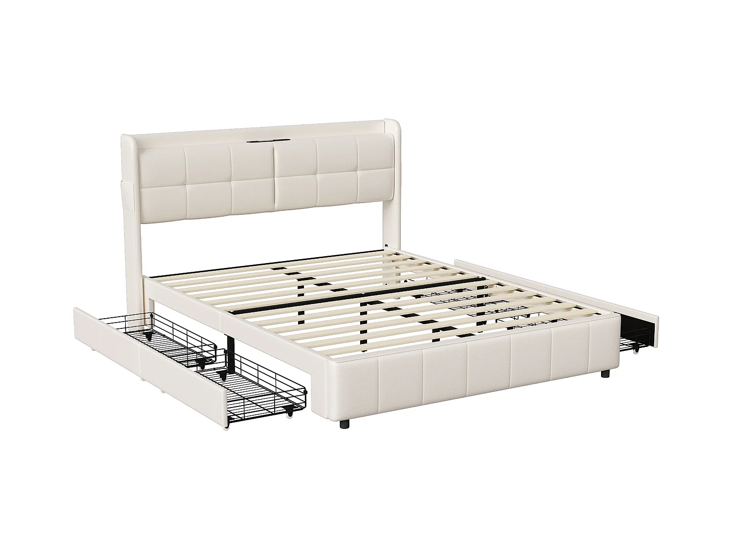 Bed 140x200 cm met lattenbodem, Tweepersoonsbed met USB-oplaadfunctie, Bed met lade, PU, Wit