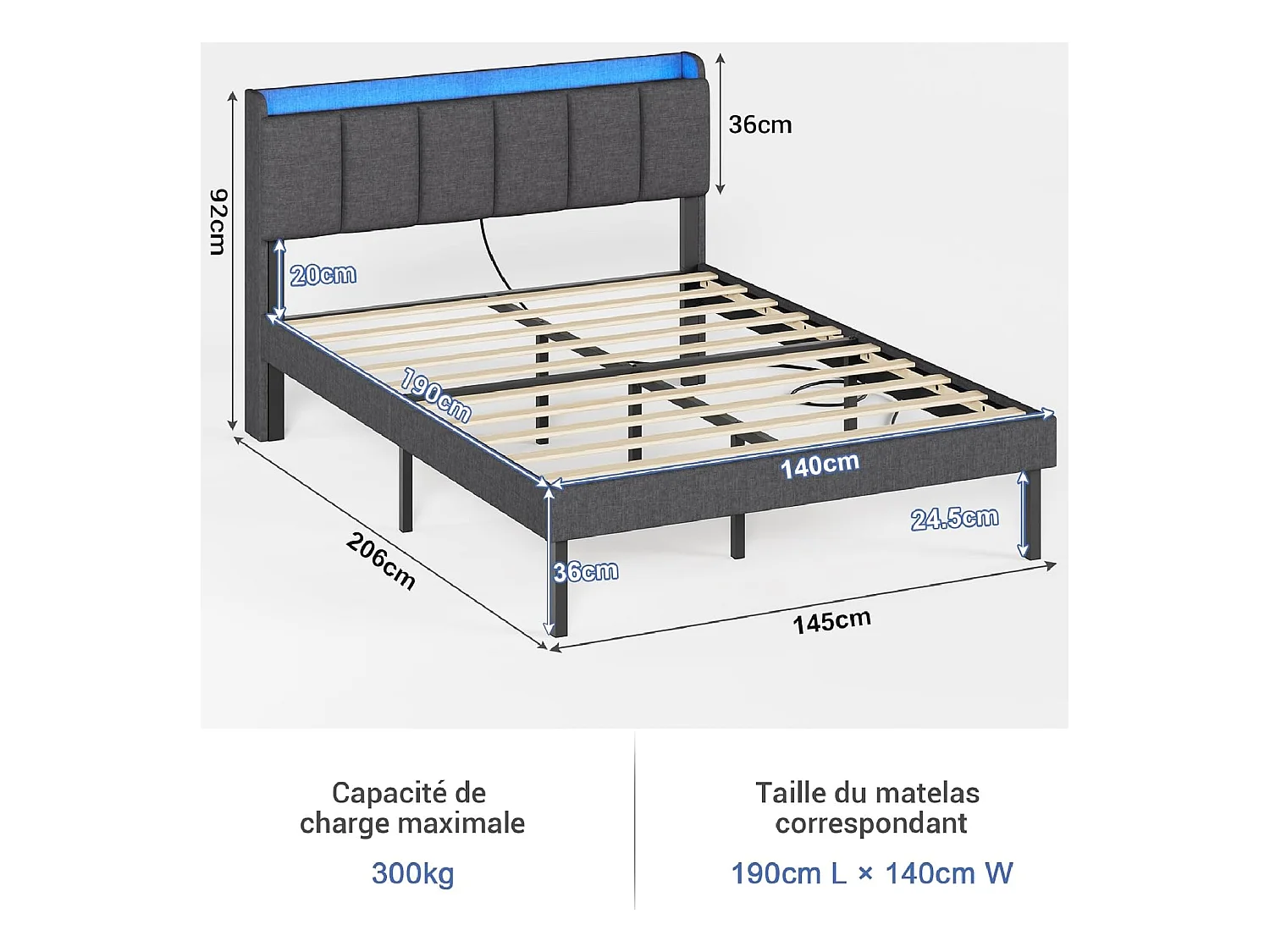 Cama com arrumação 140x200 cm, cama de casal com arrumação, com LED, função de carregamento, linho, cinzento