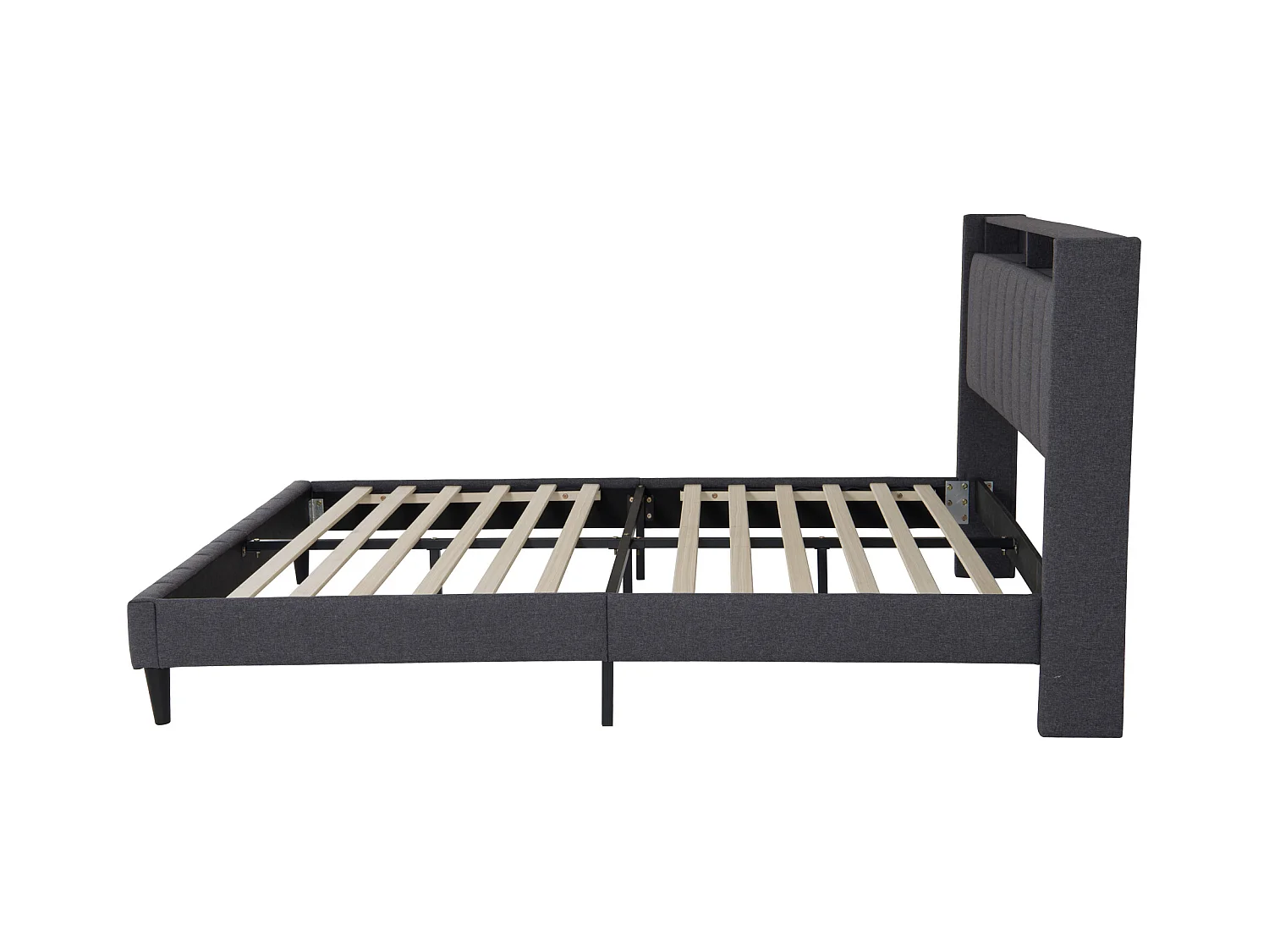 Cama com arrumação 140x200 cm, cama de casal com arrumação, com LED, função de carregamento, linho, cinzento