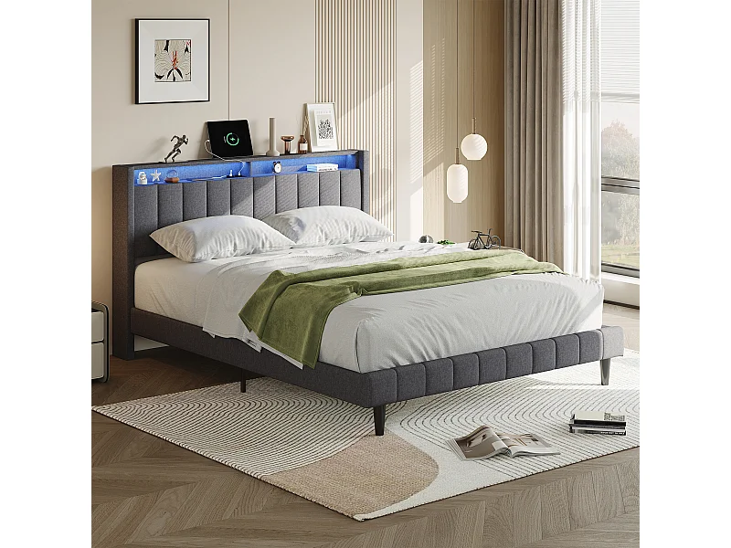 Letto contenitore 140x200 cm, letto matrimoniale con contenitore, con LED, funzione di ricarica, lino, grigio