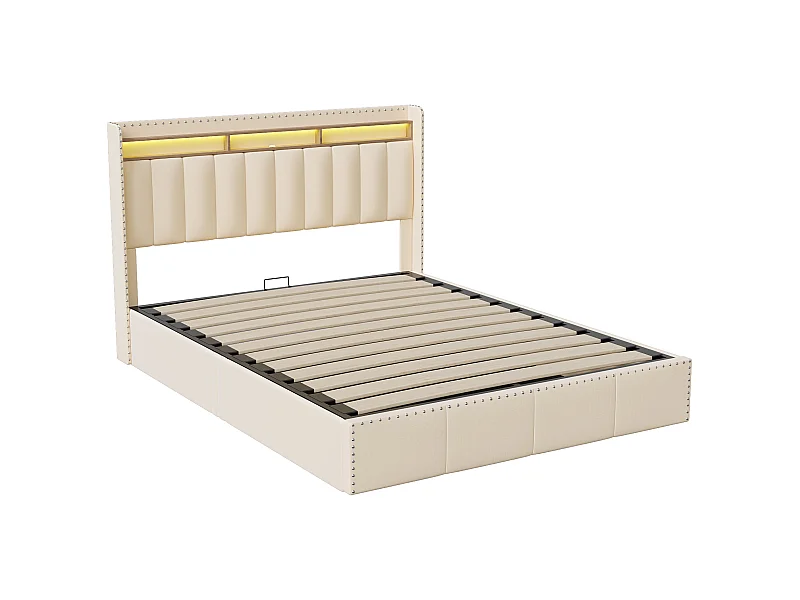 Gestoffeerd bed 140x200 cm, bedframe met ledverlichting, hoofdbord met opbergruimte, fluweel, beige