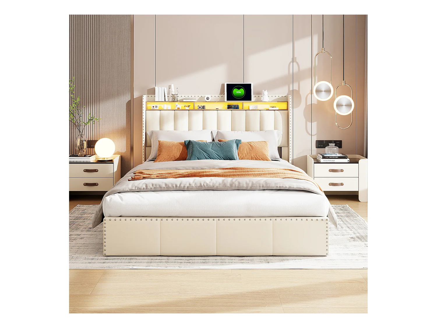 Gestoffeerd bed 140x200 cm, bedframe met ledverlichting, hoofdbord met opbergruimte, fluweel, beige