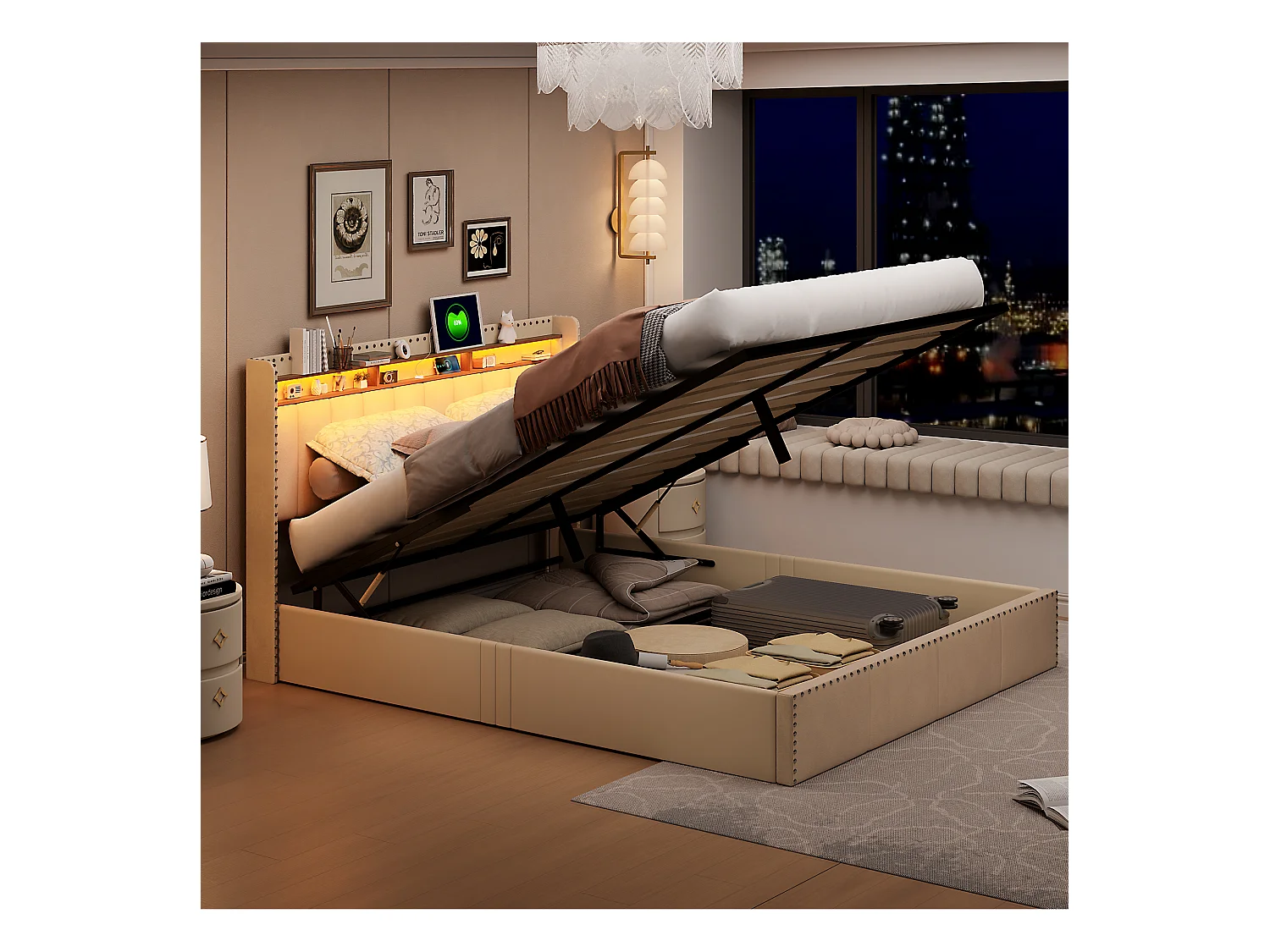 Gestoffeerd bed 140x200 cm, bedframe met ledverlichting, hoofdbord met opbergruimte, fluweel, beige