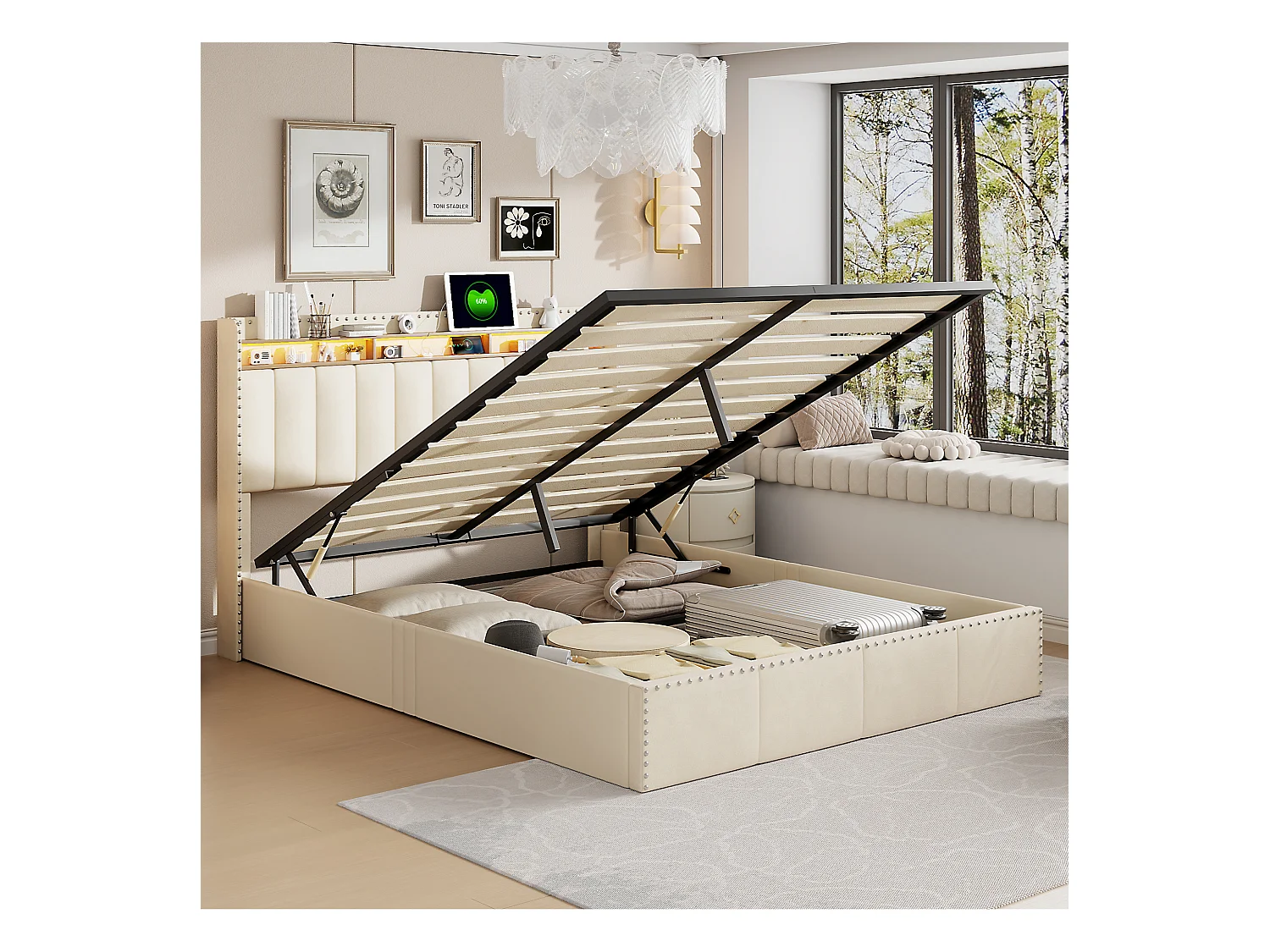 Gestoffeerd bed 140x200 cm, bedframe met ledverlichting, hoofdbord met opbergruimte, fluweel, beige