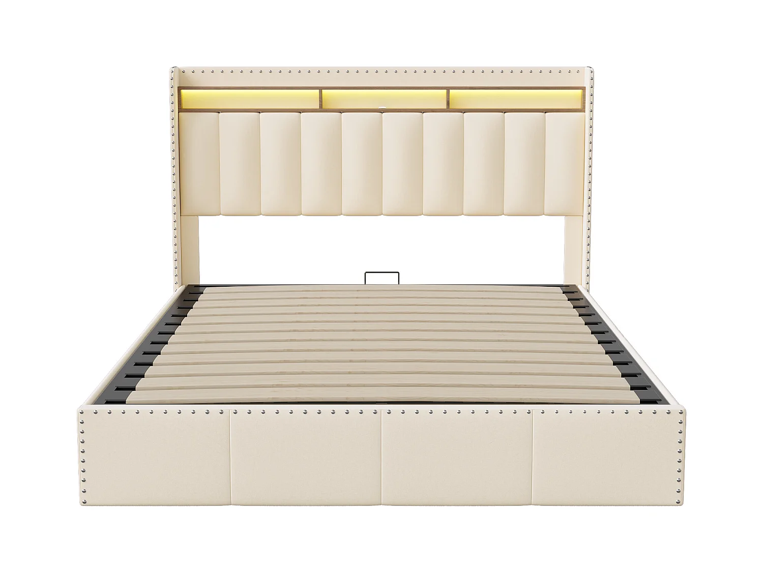 Gestoffeerd bed 140x200 cm, bedframe met ledverlichting, hoofdbord met opbergruimte, fluweel, beige