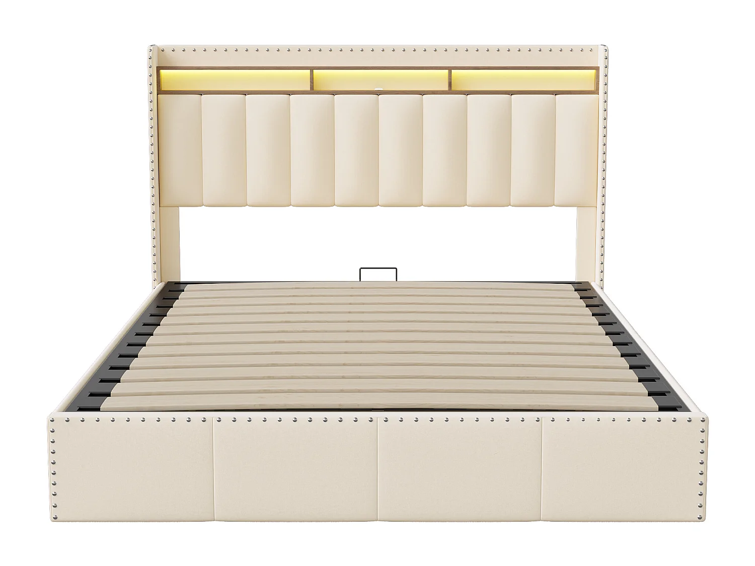 Gestoffeerd bed 140x200 cm, bedframe met ledverlichting, hoofdbord met opbergruimte, fluweel, beige