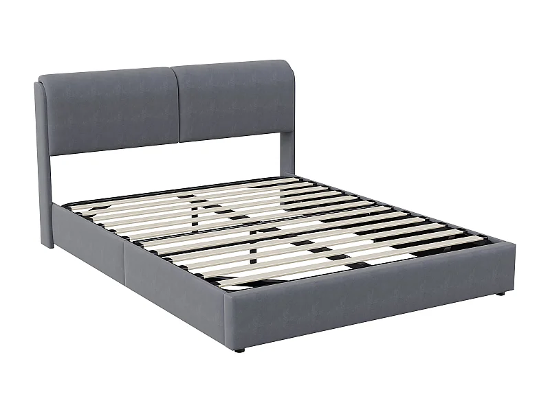 160x200 Opbergbed met hoofdeinde, LED, Bed met lattenbodem, Fluweel, Grijs