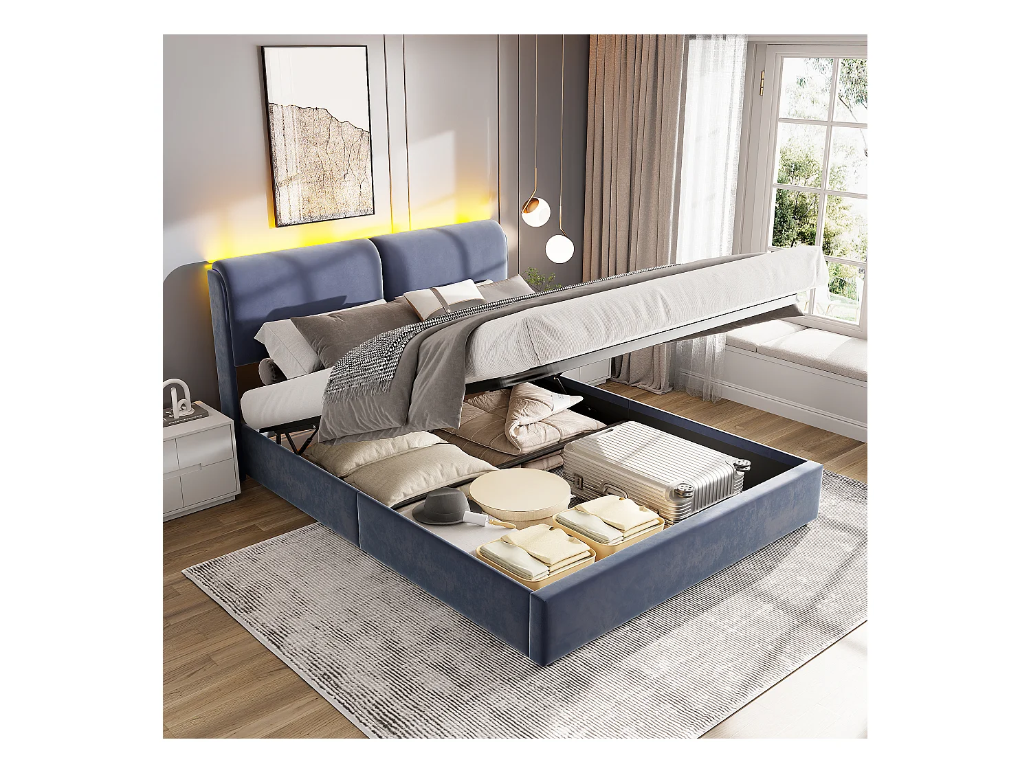 Letto contenitore 160x200 con testiera, LED, letto con rete a doghe, velluto, grigio