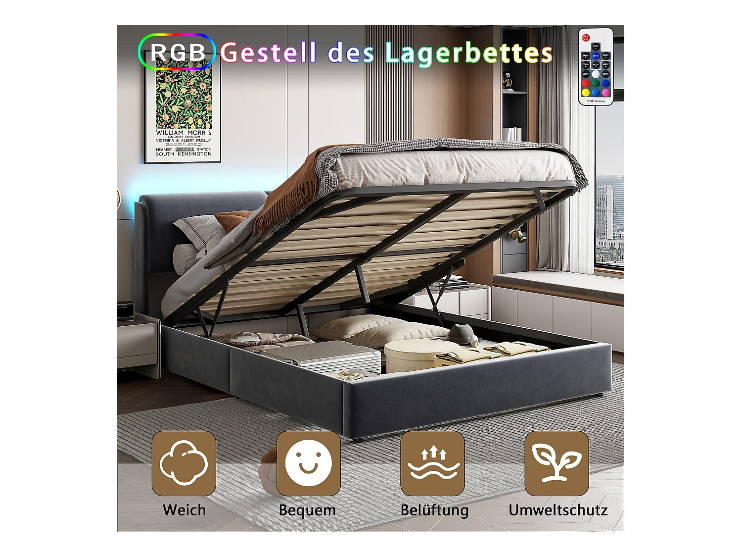 Letto contenitore 160x200 con testiera, LED, letto con rete a doghe, velluto, grigio