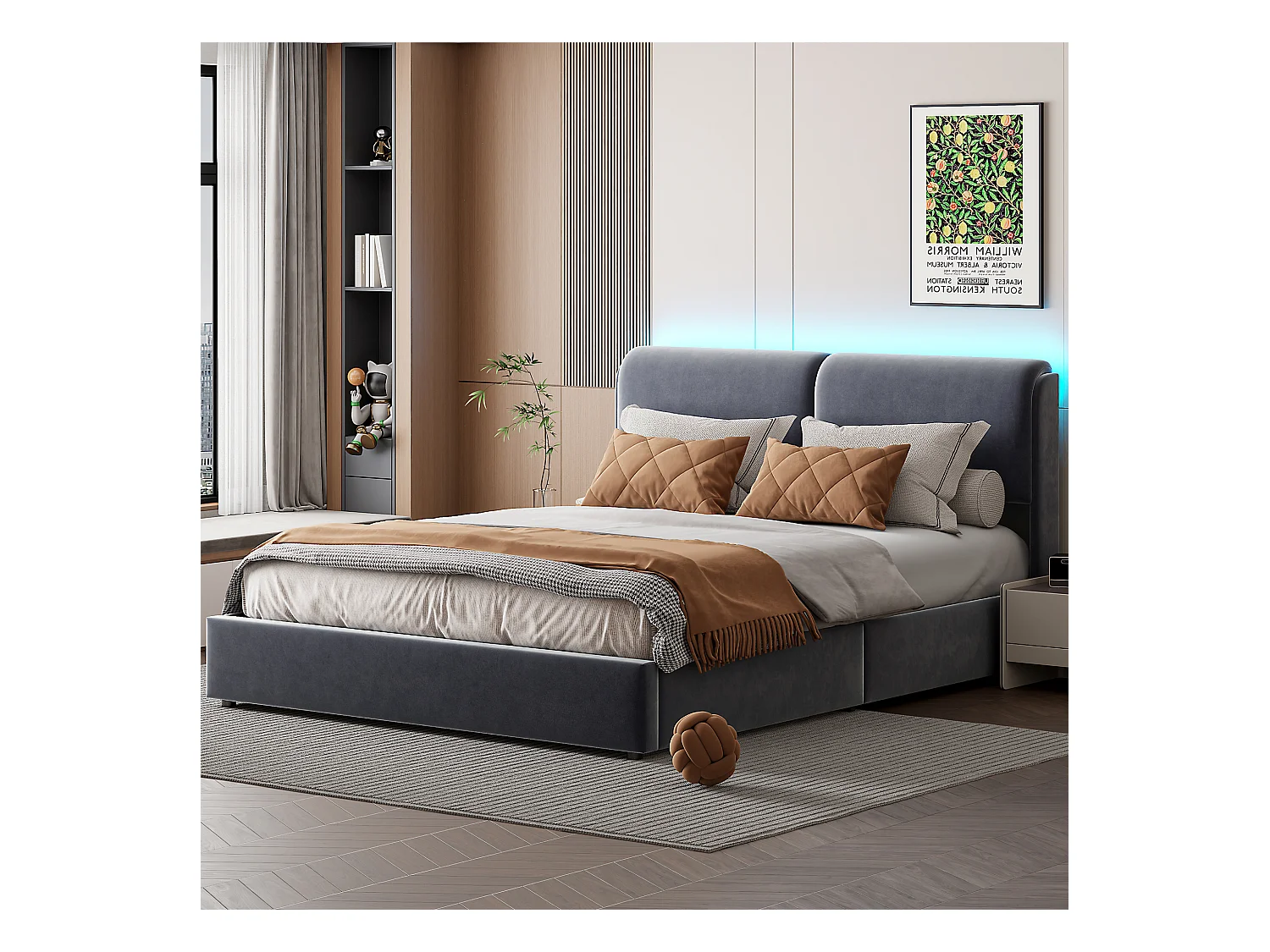 Letto contenitore 160x200 con testiera, LED, letto con rete a doghe, velluto, grigio