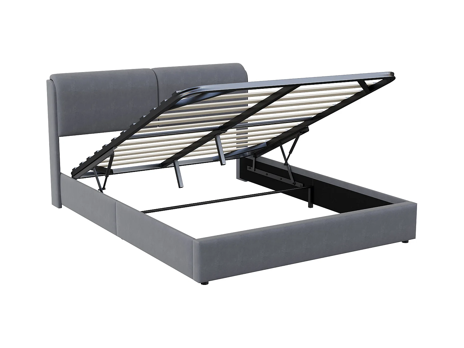 Letto contenitore 160x200 con testiera, LED, letto con rete a doghe, velluto, grigio