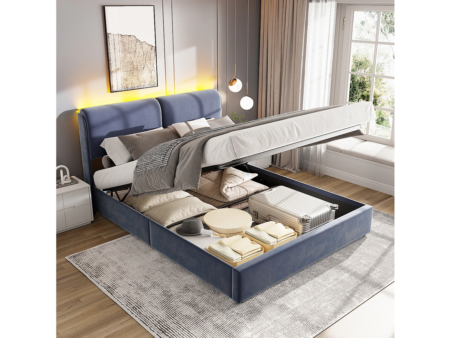 Lit Coffre 160x200 avec Rangement et Tete de Lit, LED,Lit  avec sommier à Lattes,Velours,Gris