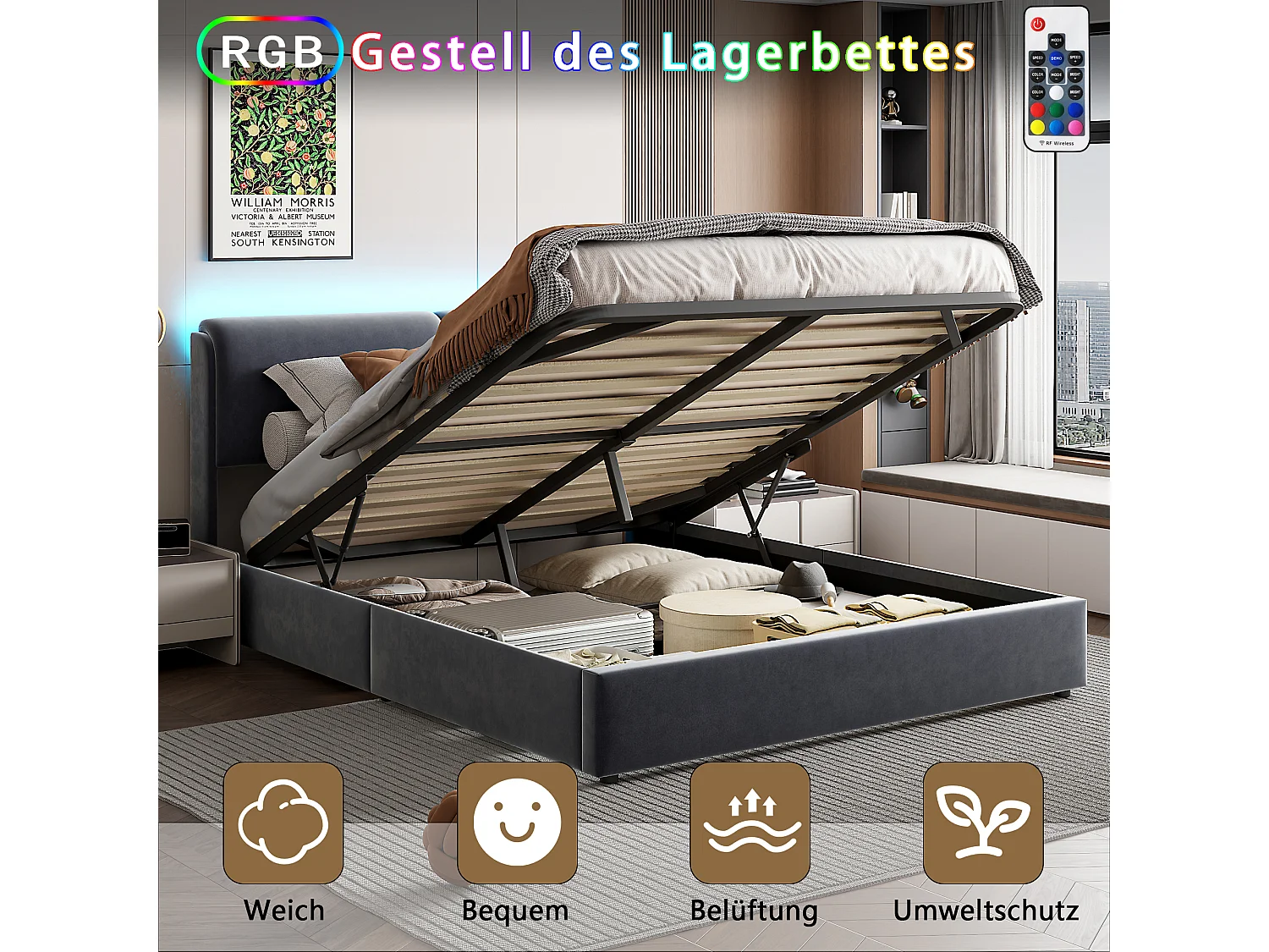 Lit Coffre 160x200 avec Rangement et Tete de Lit, LED,Lit  avec sommier à Lattes,Velours,Gris