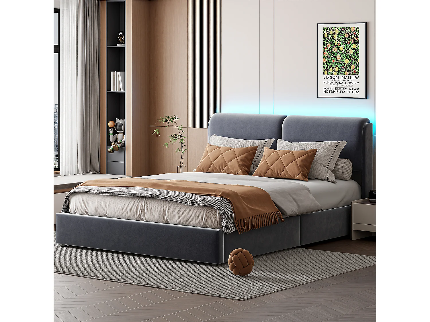 Lit Coffre 160x200 avec Rangement et Tete de Lit, LED,Lit  avec sommier à Lattes,Velours,Gris
