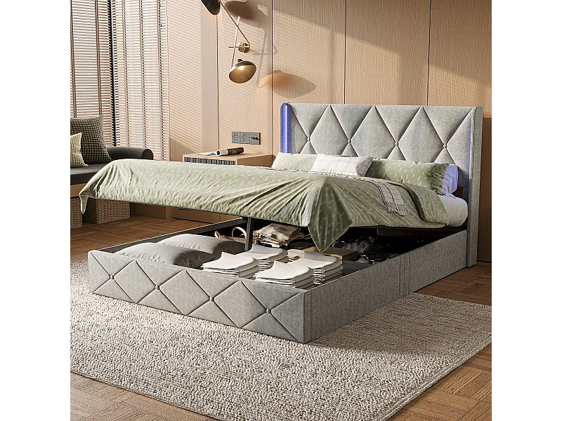 Lit double rembourré, 160 x 200 cm, LED, espace de rangement et sommier à lattes, velours, gris