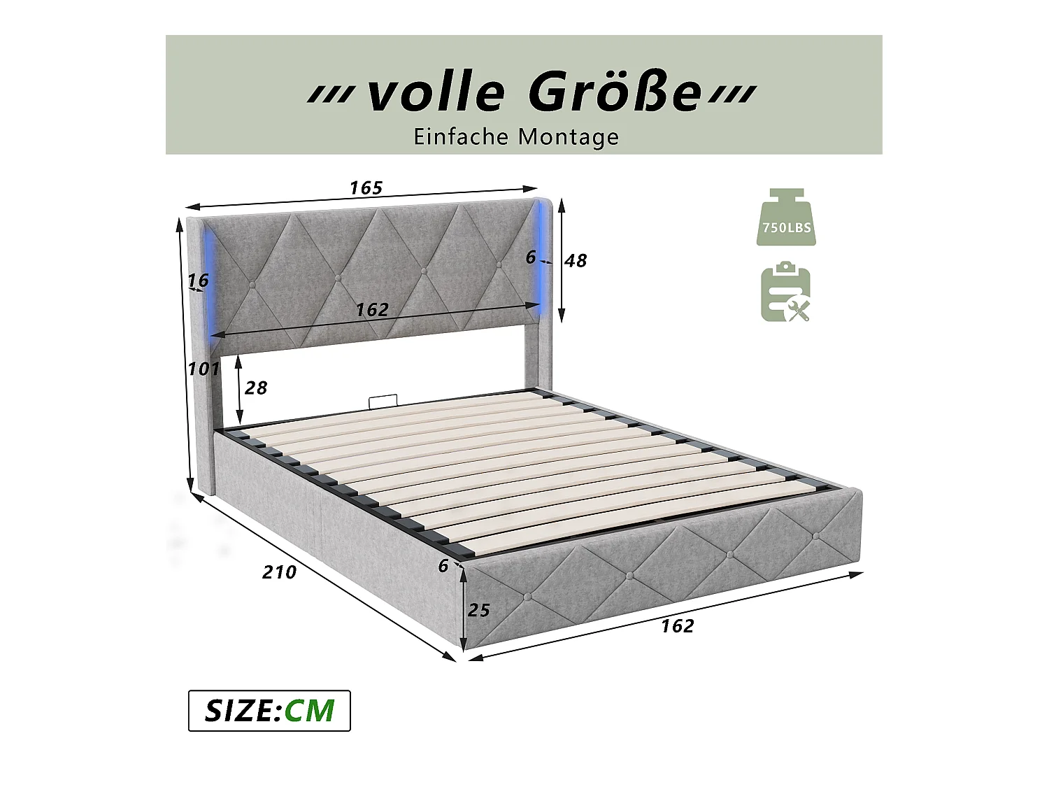 Letto matrimoniale imbottito, 160 x 200 cm, LED, contenitore e rete a doghe, velluto, grigio