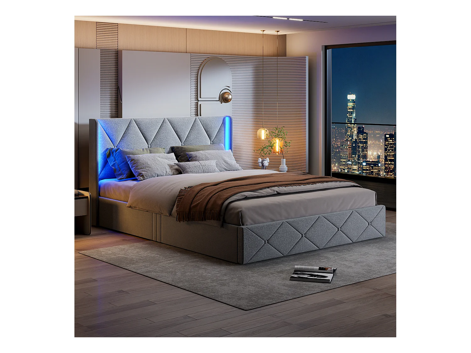 Letto matrimoniale imbottito, 160 x 200 cm, LED, contenitore e rete a doghe, velluto, grigio