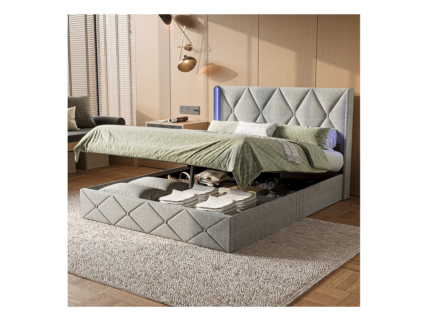 Cama doble tapizada, 160 x 200 cm, LED, espacio de almacenamiento y somier de láminas, terciopelo, gris