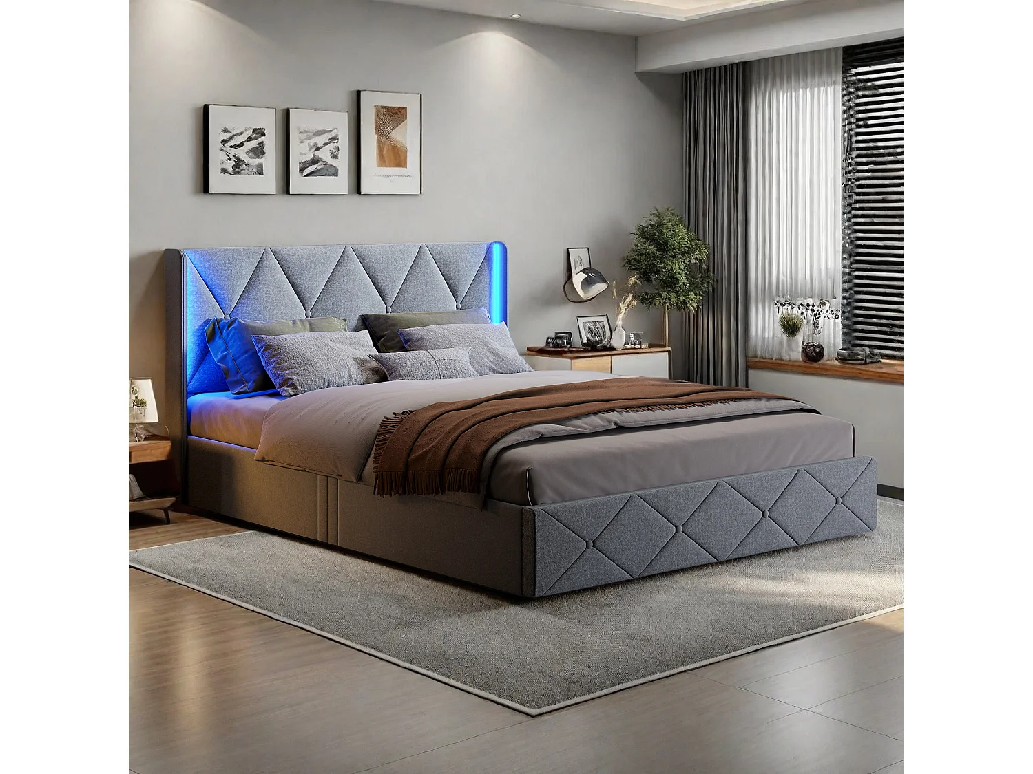 Letto matrimoniale imbottito, 160 x 200 cm, illuminazione a LED, spazio contenitore e rete a doghe, velluto, grigio