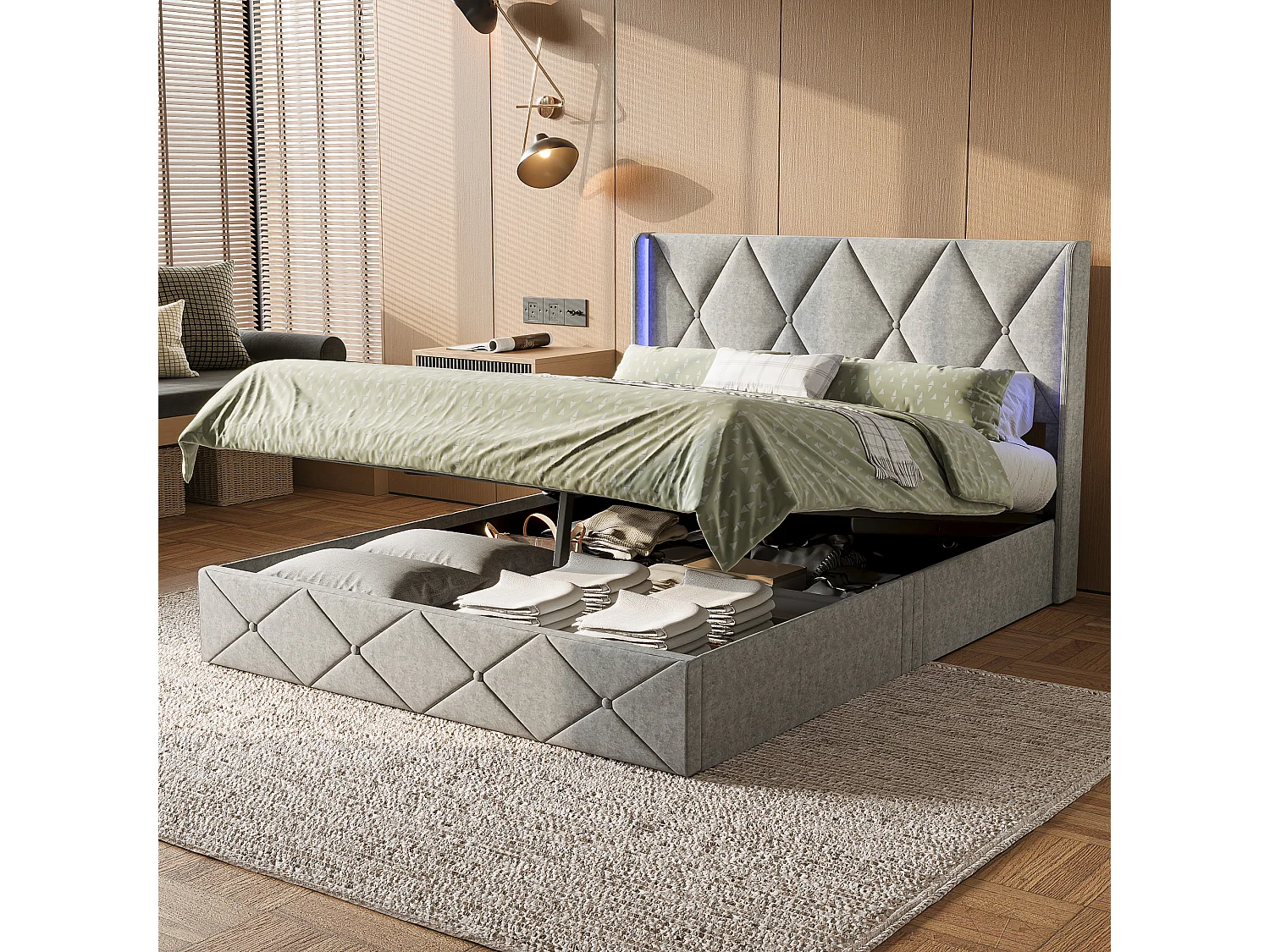 Lit Coffre 160x200 cm avec Sommier à Lattes et Tête de Lit, Rangement Bois, Cadre pour Adultes, Capitonné, Double avec Rangement, Velours, Gris