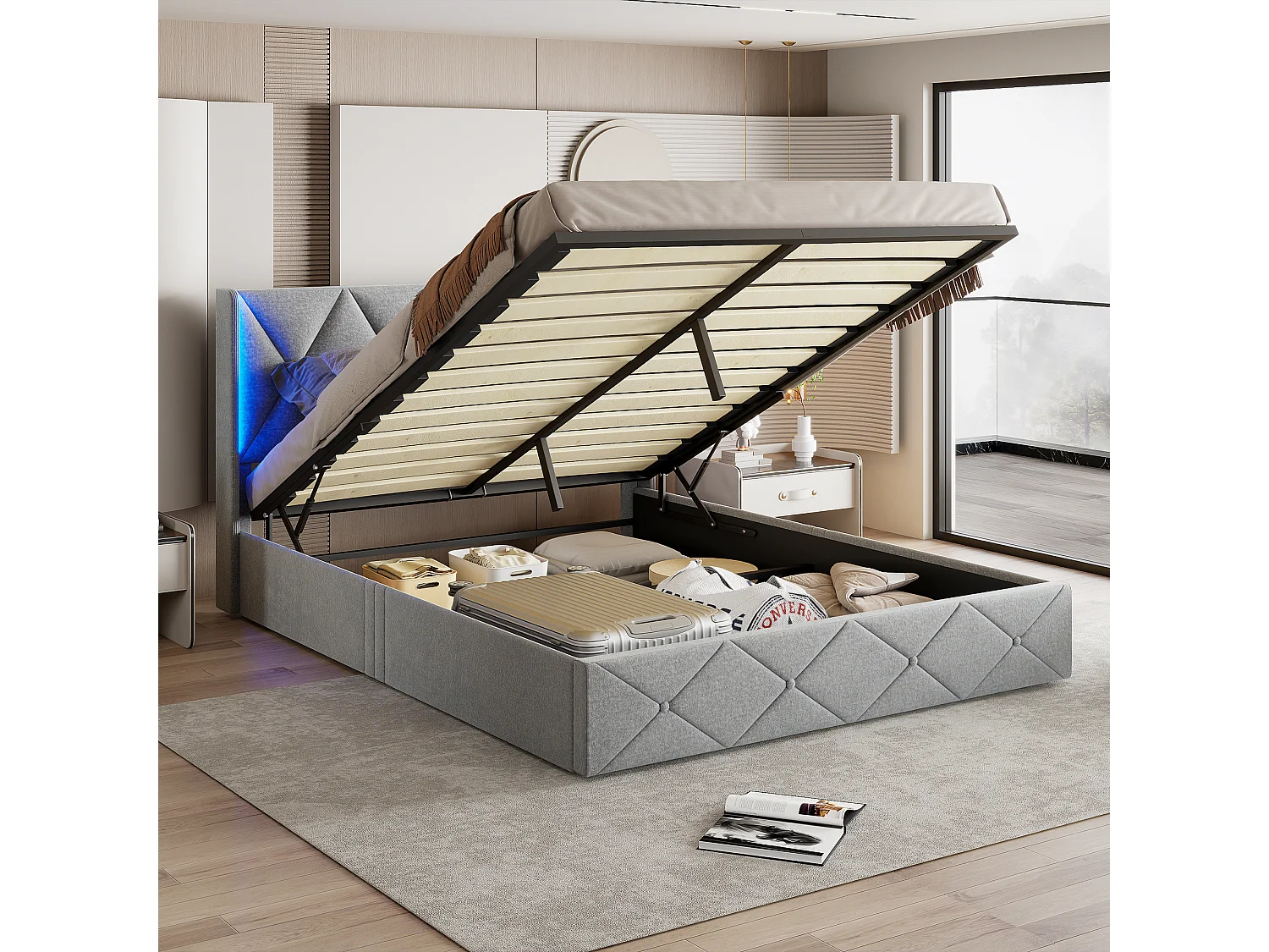 Lit Coffre 160x200 cm avec Sommier à Lattes et Tête de Lit, Rangement Bois, Cadre pour Adultes, Capitonné, Double avec Rangement, Velours, Gris