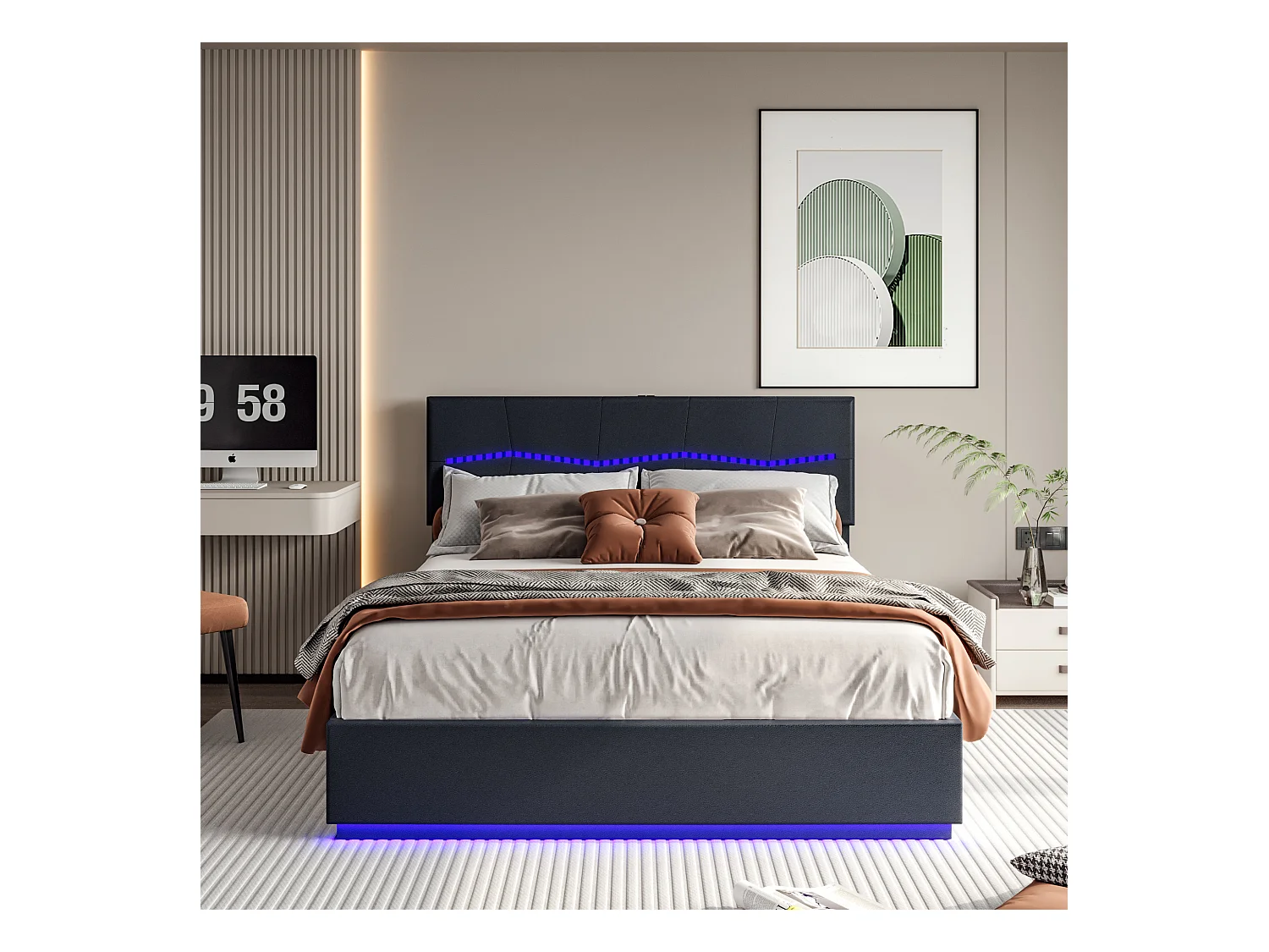 Letto contenitore 140x200 cm, testiera imbottita con LED e USB, ampio vano contenitore sottoletto, tessuto PU, nero