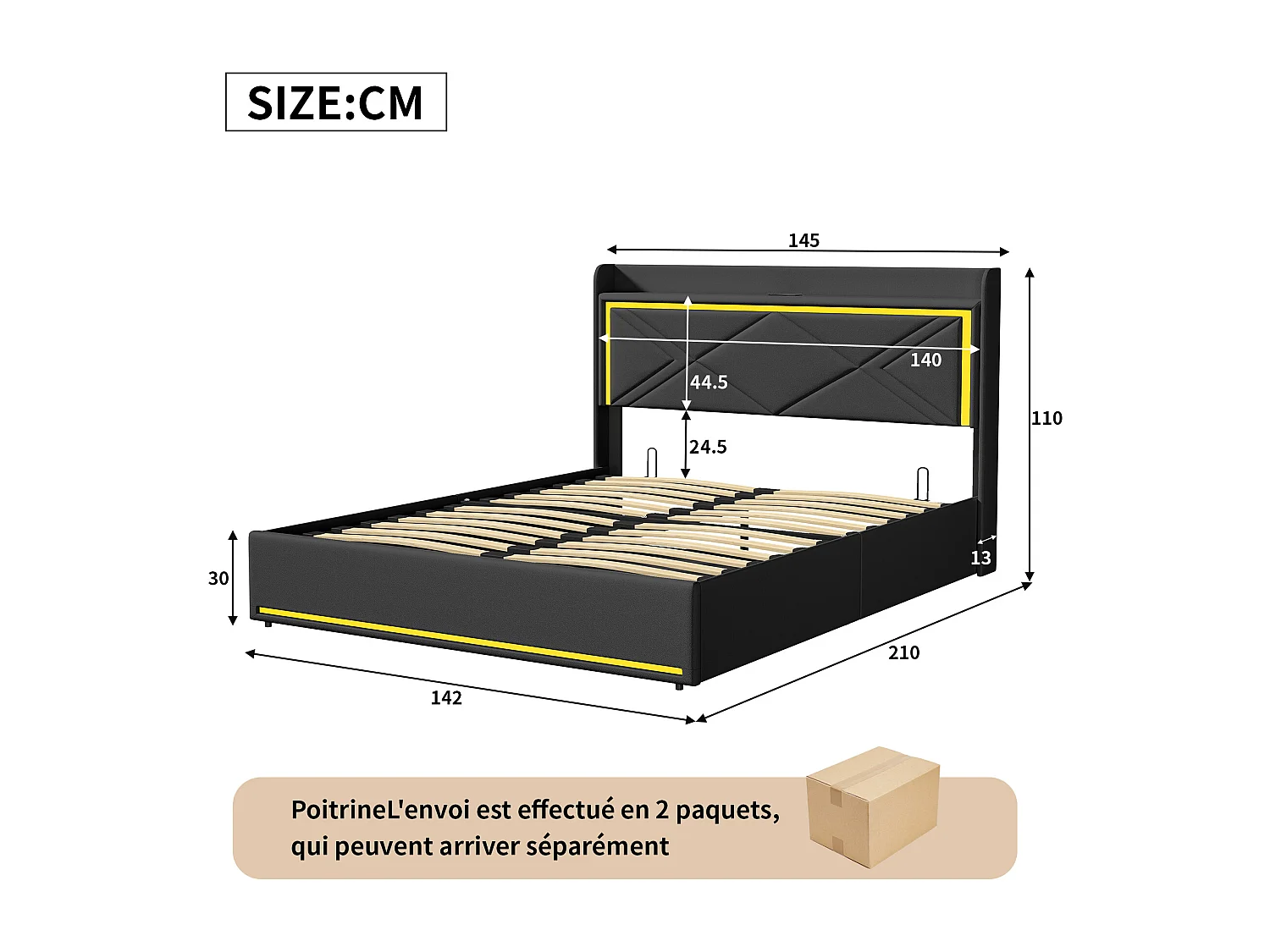 Lit Coffre 140 x 200 cm avec LED et USB, Lit Double Rembourré avec Rangement sous Lit, PU, Noir