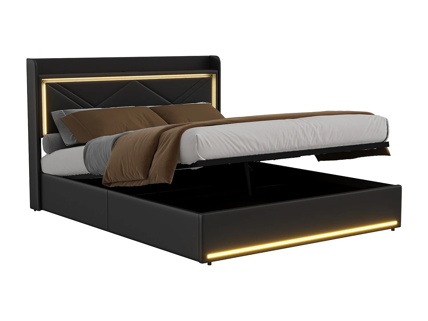 Lit Coffre 140 x 200 cm avec LED et USB, Lit Double Rembourré avec Rangement sous Lit, PU, Noir