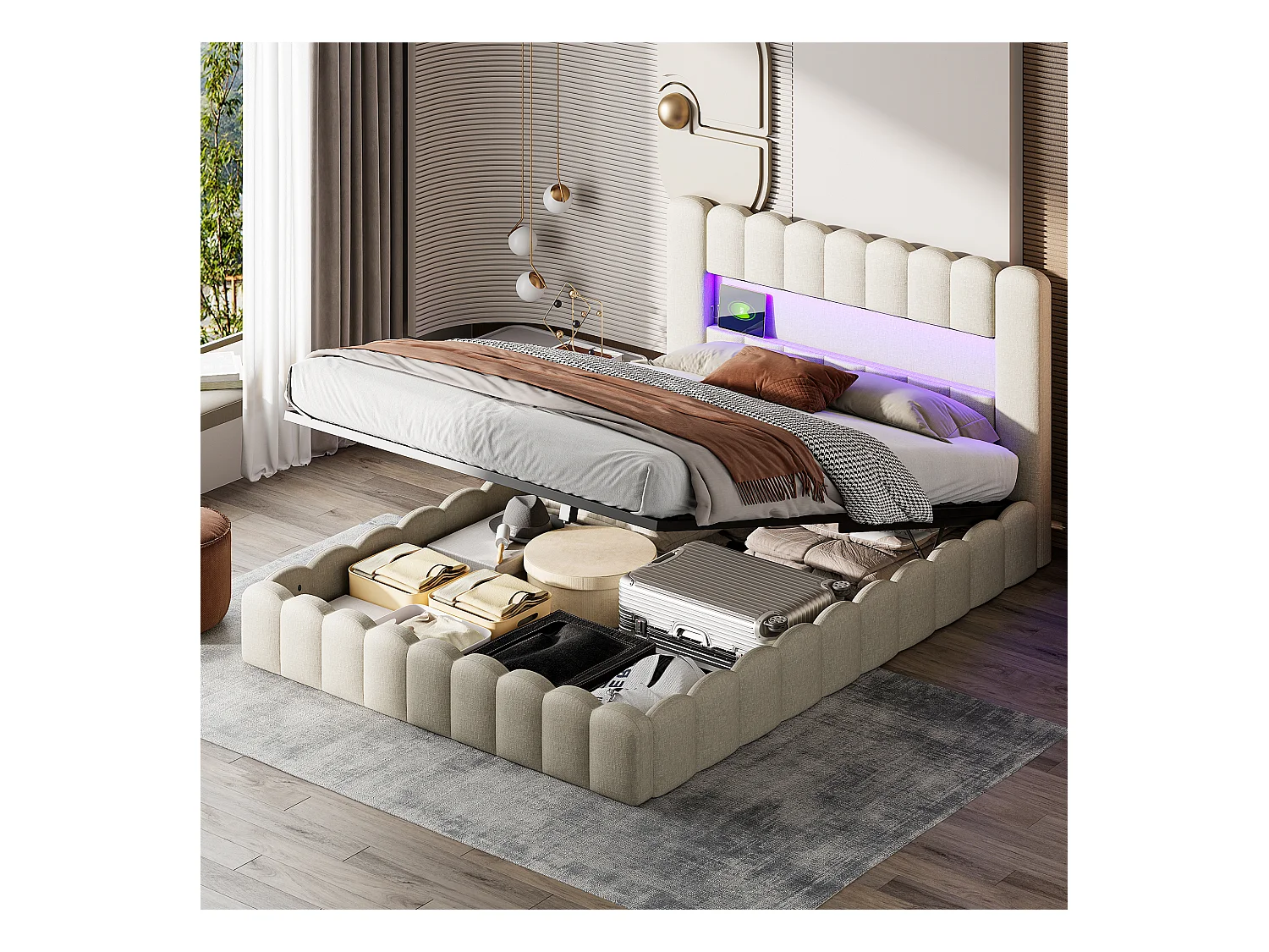 Gestoffeerd bed 140x200 cm met LED en USB-oplaadpunt, met functie en lattenbodem, Beige