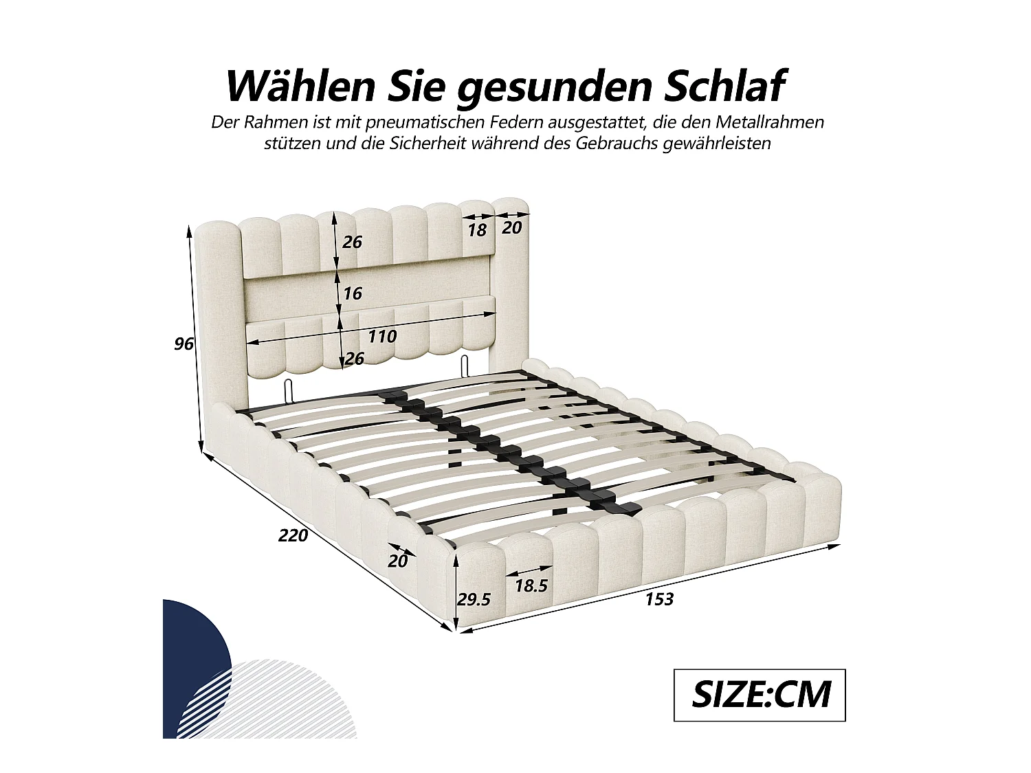 Gestoffeerd bed 140x200 cm met LED en USB-oplaadpunt, met functie en lattenbodem, Beige