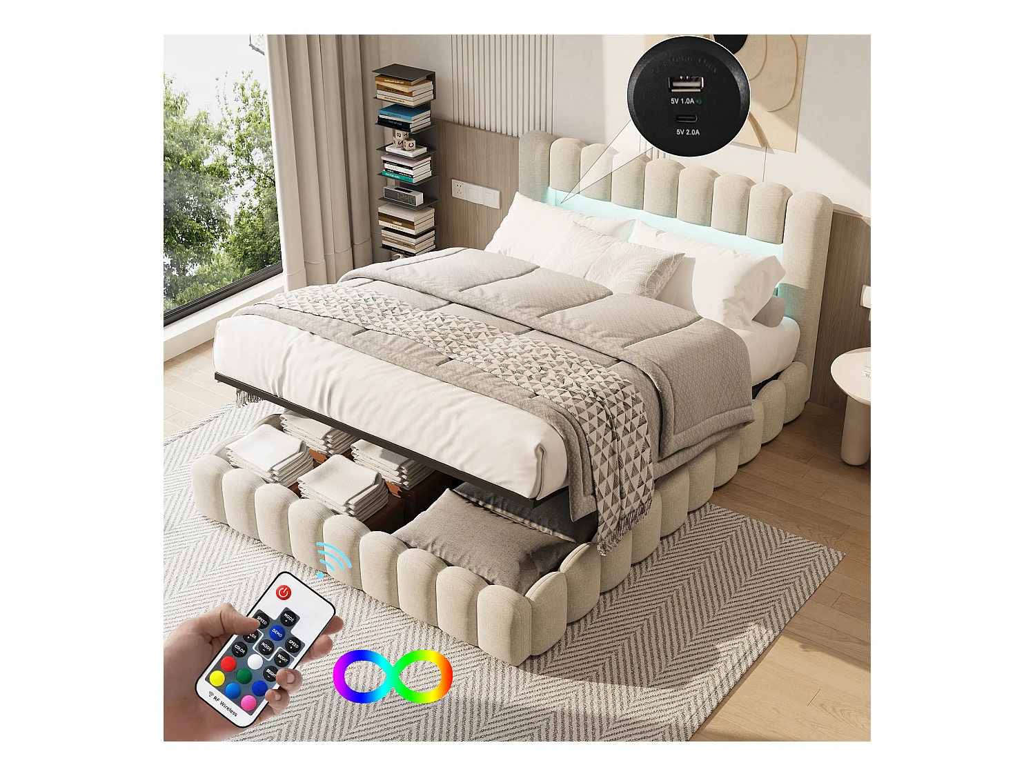 Gestoffeerd bed 140x200 cm met LED en USB-oplaadpunt, met functie en lattenbodem, Beige