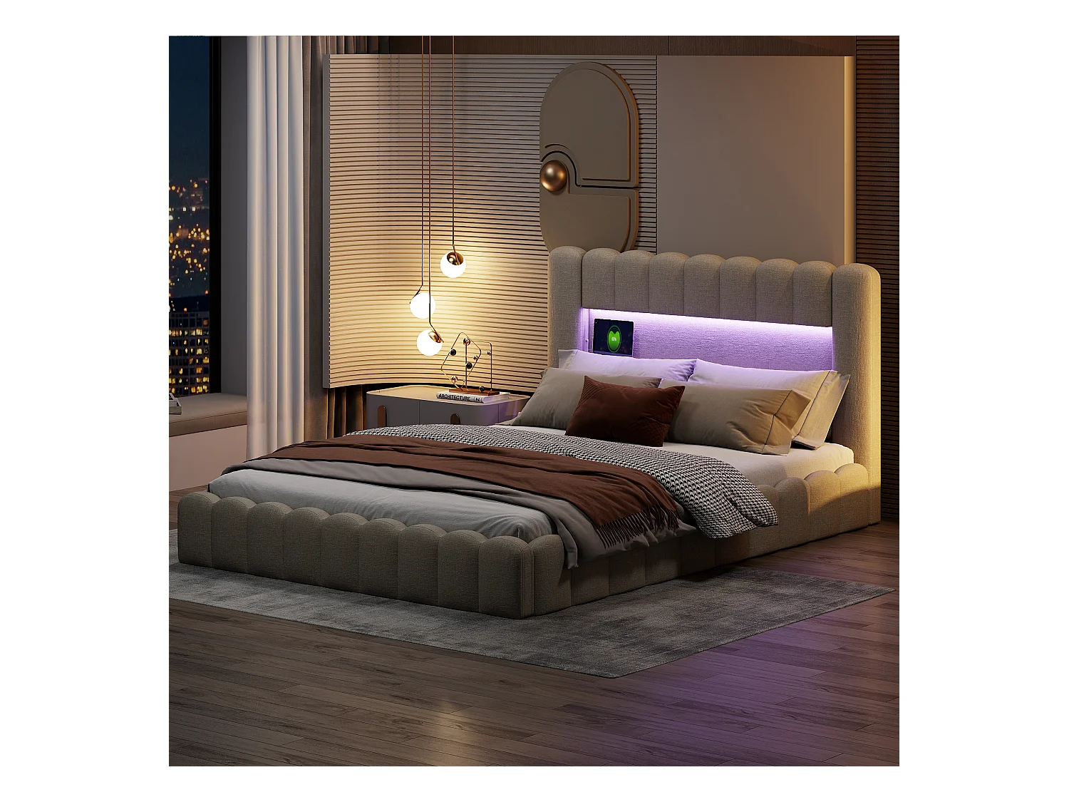Gestoffeerd bed 140x200 cm met LED en USB-oplaadpunt, met functie en lattenbodem, Beige