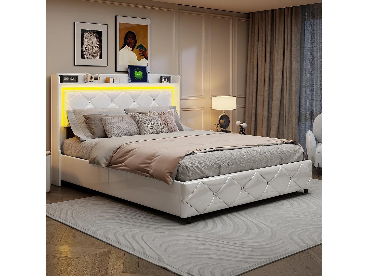 Cama con canapé de 160 x 200 cm con carga USB y tipo C, LED, cama doble con láminas, PU, color blanco