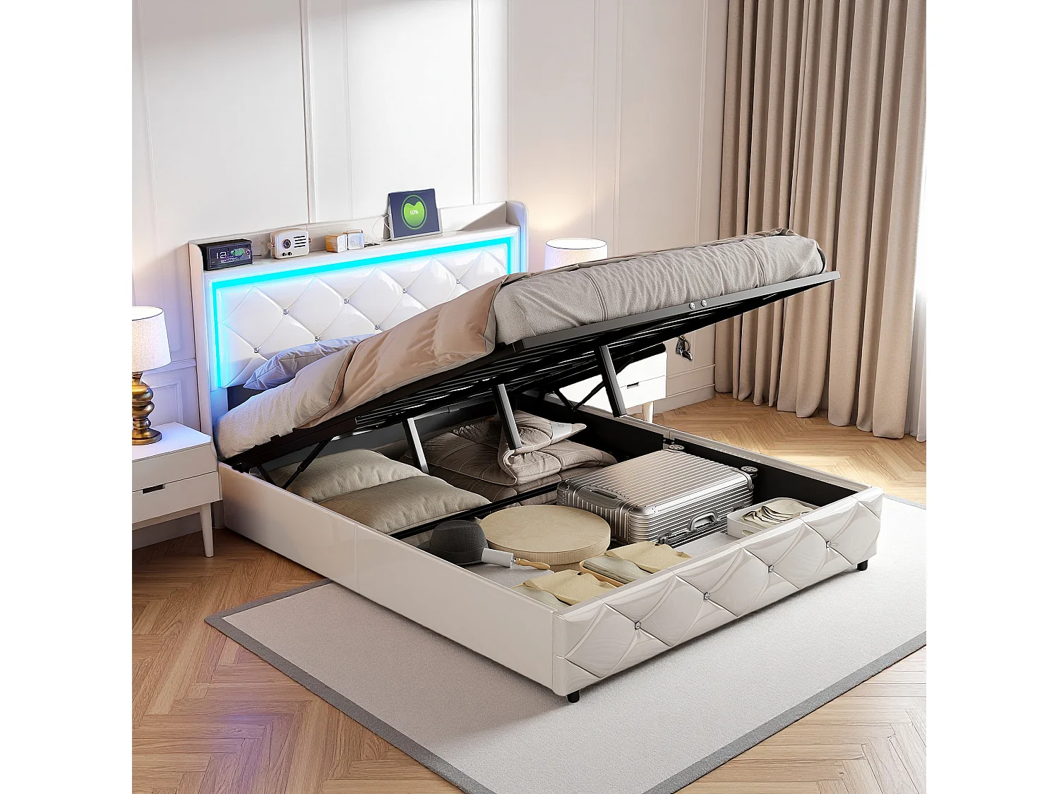 Opbergbed van 160x200 cm met USB- en Type-C-oplaadfunctie, LED-verlichting, tweepersoonsbed met lattenbodem, PU-leer, wit
