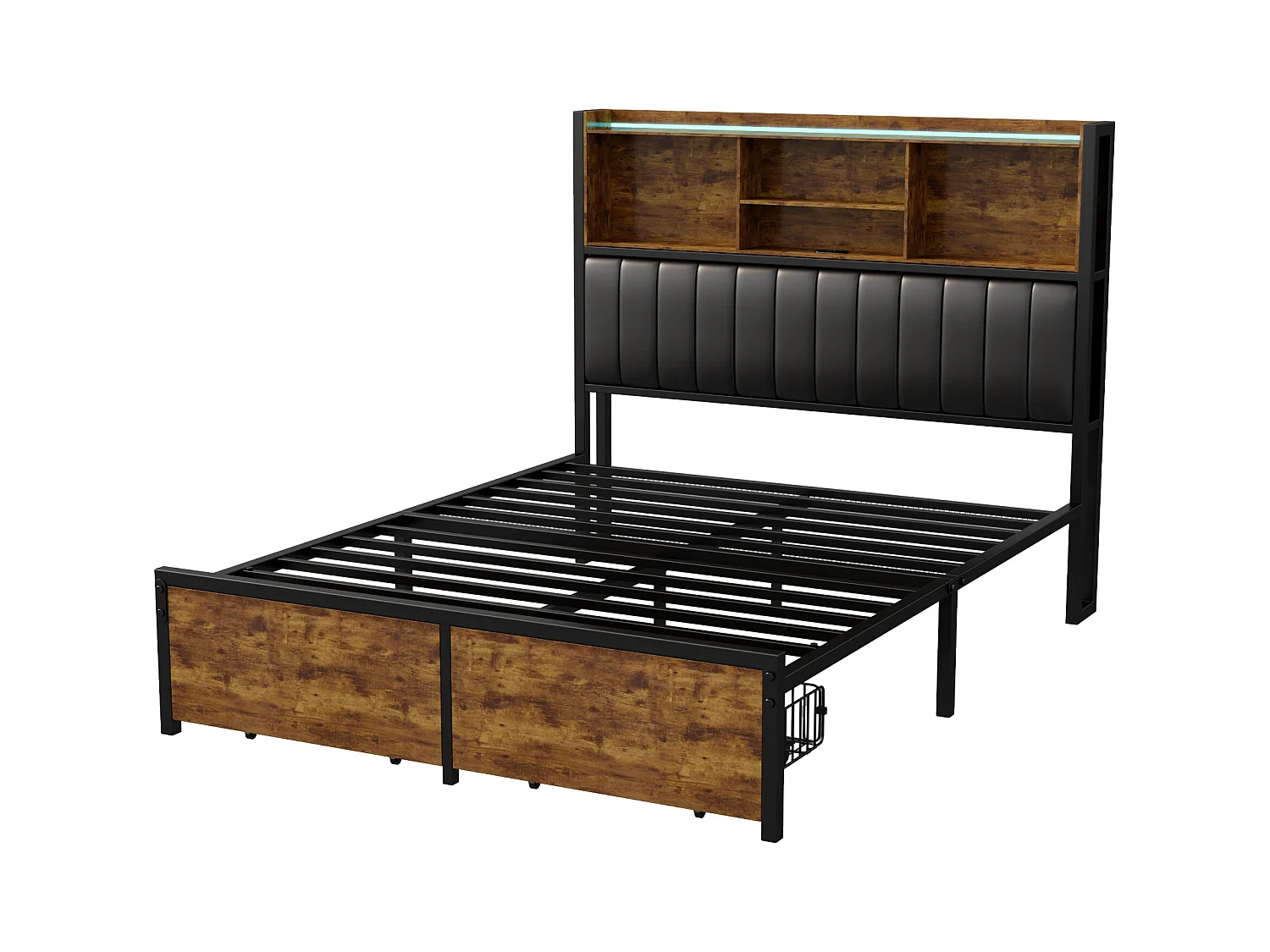 Tweepersoonsbed 140x200 cm, gestoffeerd bed met LED- en USB-aansluitingen, PU-hoofdbord met opbergruimte, zwart