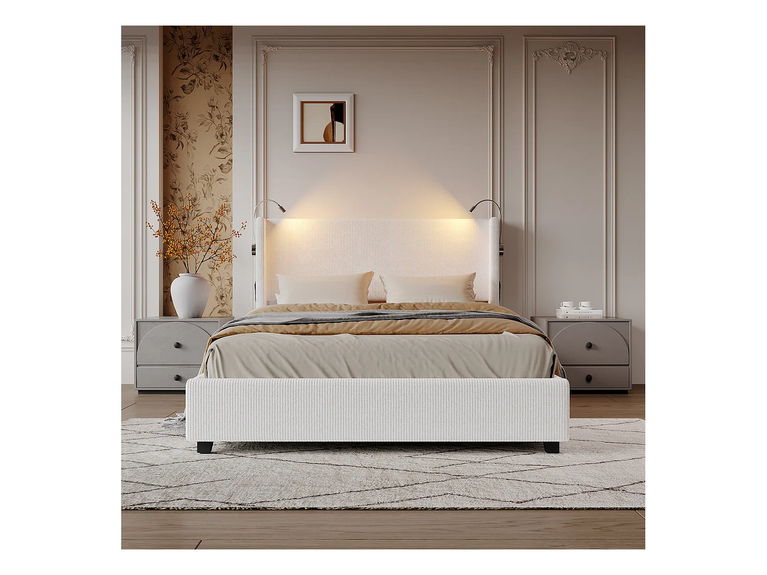 Lit Coffre 140x200 cm,Cadre De Lit avec USB,Bedframe avec sommier à Lattes, Velours côtelé, Blanc